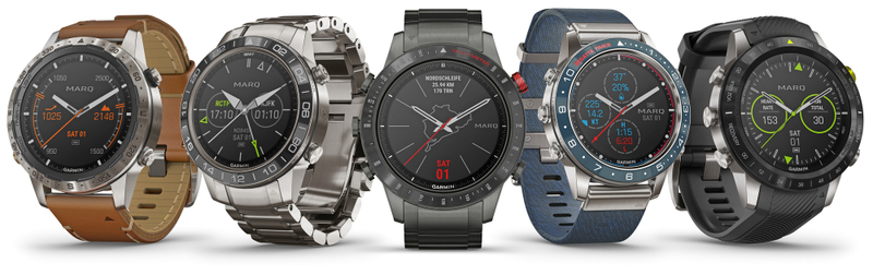From left to right: the Garmin MARQ Expedition, Aviator, Driver, Captain, and Athlete smartwatches.